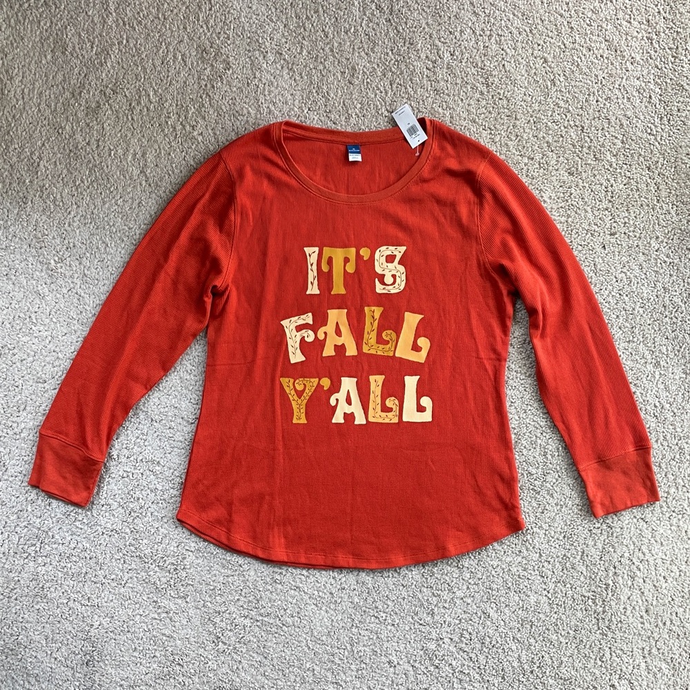 Old Navy It's Fall Y'all Orange Thermal Waffle Knit Long Sleeve Top Size XL